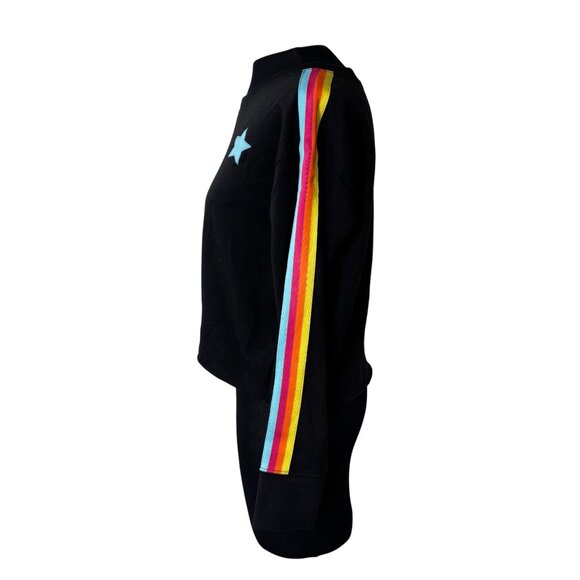 Black Knit Riot Cropped Sweatshirt With Blue Star & Rainbow Sleeve Stripes Women - Picture 2 of 11